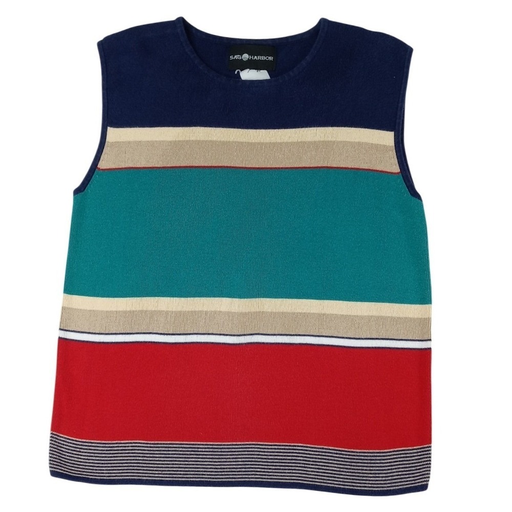 Vintage Sag Harbor Striped Sleeveless Knit Vest‎ Top Navy Red Teal Cream Medium